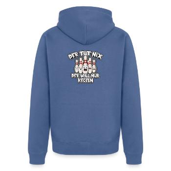 Der tut nix - der will nur kegeln - Unisex Premium Bio Zip Hoodie - Taubenblau - Hinten - Nico (187cm)