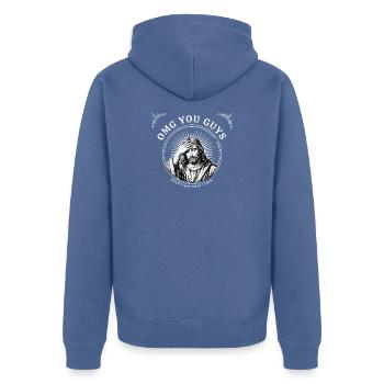  OMG YOU GUYS THATS NOT WHAT I SAID Jesus Meme - Unisex Premium Bio Zip Hoodie - Taubenblau - Hinten - Nico (187cm)