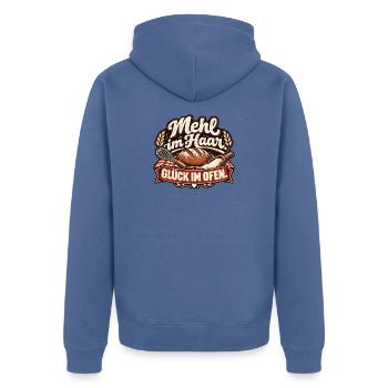 Mehl im Haar. Glück im Ofen. Bäcker - Unisex Premium Bio Zip Hoodie - Taubenblau - Hinten - Nico (187cm)