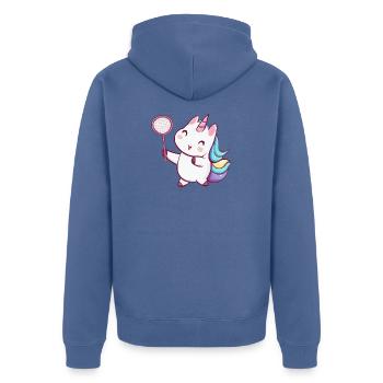 Mignonne licorne kawaii jouant au tennis de badminton - Veste à capuche bio Premium Unisexe - bleu pigeon - Dos - Nico (187cm)