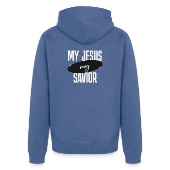 Mein Jesus mein Retter  - Unisex Premium Bio Zip Hoodie - Taubenblau - Hinten - Nico (187cm)