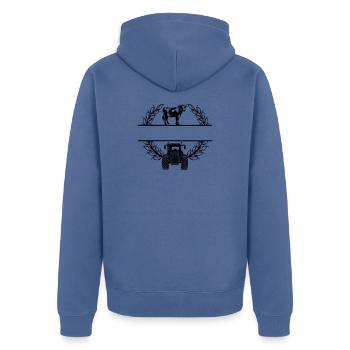 Laurel Wreath with Cow and Tractor – Own Text - Unisex Premium Organic Zip Hoodie - stone blue - Back - Nico (187cm)