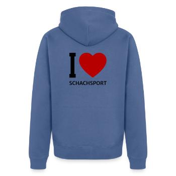I love SCHACHSPORT - Unisex Premium Bio Zip Hoodie - Taubenblau - Hinten - Nico (187cm)