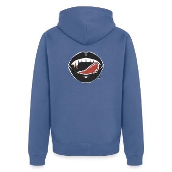 Schwarze Lippen und rotes Zungenpiercing - Unisex Premium Bio Zip Hoodie - Taubenblau - Hinten - Nico (187cm)