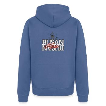 Busan Korea Lighthouse Typography Design - Unisex Premium Organic Zip Hoodie - stone blue - Back - Nico (187cm)