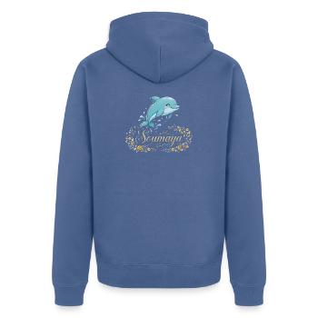 Soumaya-Delfin im goldenen Blumenrahmen - Unisex Premium Bio Zip Hoodie - Taubenblau - Hinten - Nico (187cm)