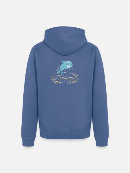 Soumaya-Delfin im goldenen Blumenrahmen - Unisex Premium Bio Zip Hoodie - Taubenblau