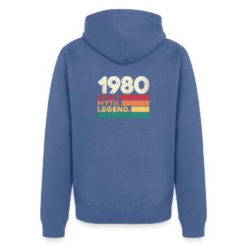 1980 Man Myth Legend Retro Banner - Unisex Premium Organic Zip Hoodie - stone blue - Back - Nico (187cm)