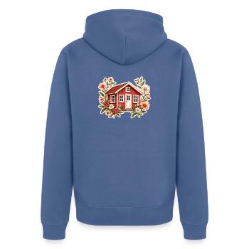 Rotes Schwedenhaus mit Blumen im Tinyhaus Stil  - Unisex Premium Bio Zip Hoodie - Taubenblau - Hinten - Nico (187cm)