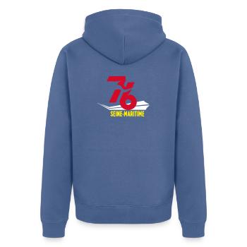 Stilisiertes Seine-Maritime-Emblem 76 - Unisex Premium Bio Zip Hoodie - Taubenblau - Hinten - Nico (187cm)