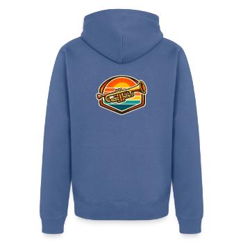 Motif rétro de coucher de soleil de trompette - Veste à capuche bio Premium Unisexe - bleu pigeon - Dos - Nico (187cm)