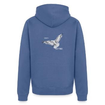 Born to fly free - Möwe Freiheit & Meer - Unisex Premium Bio Zip Hoodie - Taubenblau - Hinten - Nico (187cm)