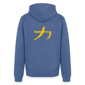 Kraft - Auf Japanisch / Kohle Schriftzeichen - Unisex Premium Bio Zip Hoodie - Taubenblau - Hinten - Nico (187cm)