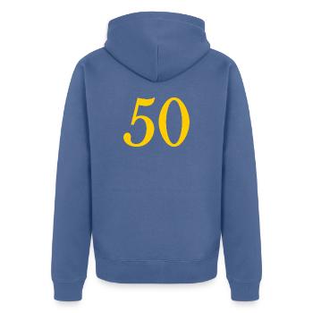 50. 50 JAHRE. 50-JÄHRIGES JUBILÄUM. 50-JÄHRIGES JUBILÄUM. - Unisex Premium Bio Zip Hoodie - Taubenblau - Hinten - Nico (187cm)