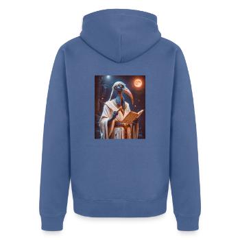 Thoth, ibis-headed god, holding a scroll - Unisex Premium Organic Zip Hoodie - stone blue - Back - Nico (187cm)