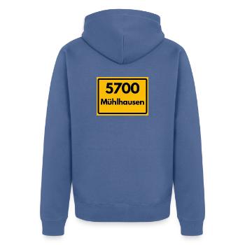 ALTE POSTLEITZAHL 5700 MÜHLHAUSEN HEIMATSTOLZ - Unisex Premium Bio Zip Hoodie - Taubenblau - Hinten - Nico (187cm)