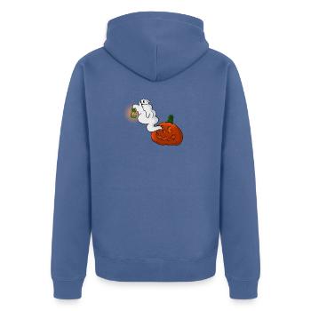 Ghost with lantern over pumpkin - Unisex Premium Organic Zip Hoodie - stone blue - Back - Nico (187cm)
