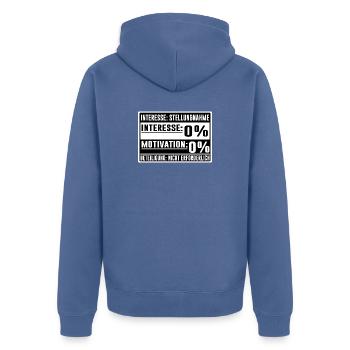 Status: 0 % – Interesse & Motivation - Unisex Premium Bio Zip Hoodie - Taubenblau - Hinten - Nico (187cm)