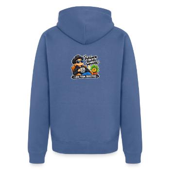 Cool Investor – Langfristige Geduld und Wohlstand - Unisex Premium Bio Zip Hoodie - Taubenblau - Hinten - Nico (187cm)