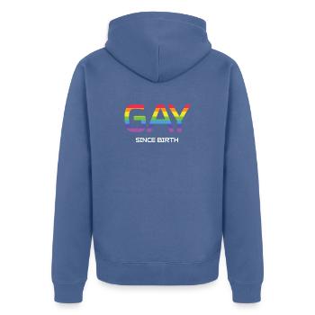 Mois de la fierté LGBT - Gay depuis la naissance - Veste à capuche bio Premium Unisexe - bleu pigeon - Dos - Nico (187cm)