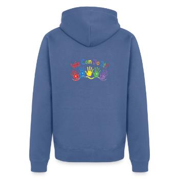 Children's Handprints Wave – Colorful Wax Crayon Art - Unisex Premium Organic Zip Hoodie - stone blue - Back - Nico (187cm)