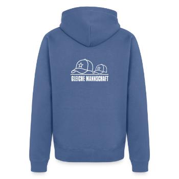 GLEICHE MANNSCHAFT – Partner-Look Caps Set Design - Unisex Premium Bio Zip Hoodie - Taubenblau - Hinten - Nico (187cm)