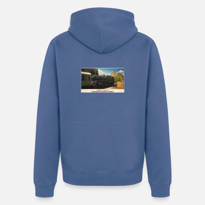 Corfe Castle Dampflok-Plakat - Unisex Premium Bio Zip Hoodie - Taubenblau