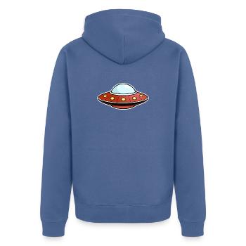 UFO rot - Unisex Premium Bio Zip Hoodie - Taubenblau - Hinten - Nico (187cm)