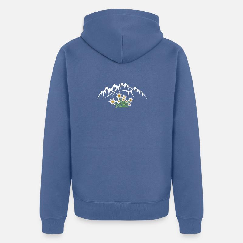 Alpen Edelweiss devant le groupe de montagnes - Veste à capuche bio Premium Unisexe - bleu pigeon