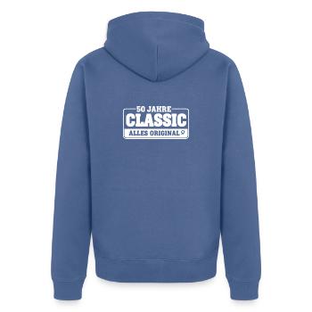 50 ans de classique – Tout original - Veste à capuche bio Premium Unisexe - bleu pigeon - Dos - Nico (187cm)