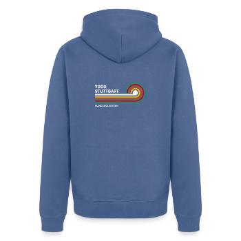 Stuttgart Retro Shirt 7000 Zip Code 80s - Unisex Premium Organic Zip Hoodie - stone blue - Back - Nico (187cm)