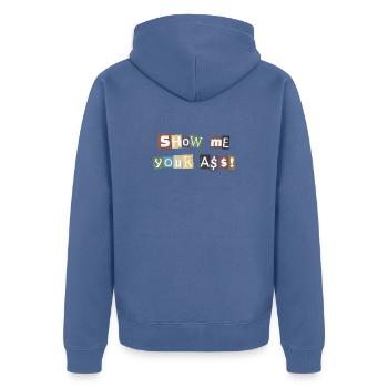 SYMA Letter Collage - Unisex Premium Organic Zip Hoodie - stone blue - Back - Nico (187cm)