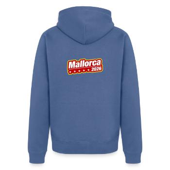 Majorque 2026 - Veste à capuche bio Premium Unisexe - bleu pigeon - Dos - Nico (187cm)