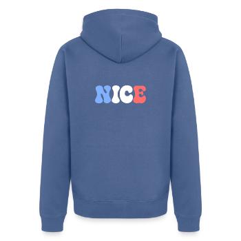 SCHÖNE Pastellblau, weiße, rote Blasen - Unisex Premium Bio Zip Hoodie - Taubenblau - Hinten - Nico (187cm)