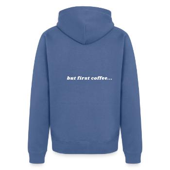 But First Coffee - Caféine - Veste à capuche bio Premium Unisexe - bleu pigeon - Dos - Nico (187cm)