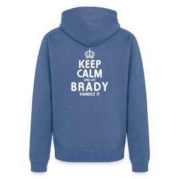 BRADY: Regel das. - Unisex Premium Bio Zip Hoodie - Taubenblau - Hinten - Nico (187cm)