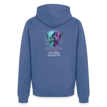 Totenkopf Neon, Synthwave, Cyberpunk, Halloween - Unisex Premium Bio Zip Hoodie - Taubenblau - Hinten - Nico (187cm)