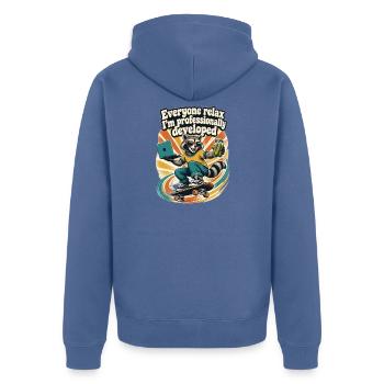 Alle entspannt euch, ich bin beruflich entwickelt - Unisex Premium Bio Zip Hoodie - Taubenblau - Hinten - Nico (187cm)