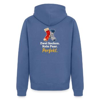 Zwei Socken. Kein Paar. Perfekt. - Unisex Premium Bio Zip Hoodie - Taubenblau - Hinten - Nico (187cm)