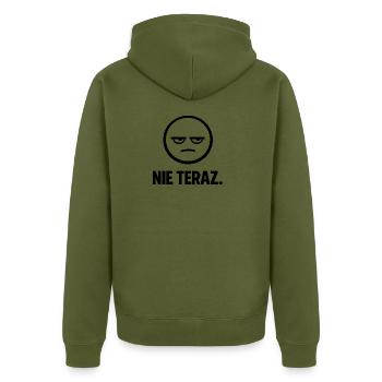 Not Now - minimalist signature - Unisex Premium Organic Zip Hoodie - khaki - Back - Nico (187cm)