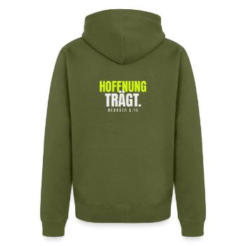 Hoffnung trägt – Hebräer 6,19 - Unisex Premium Bio Zip Hoodie - Khaki - Hinten - Nico (187cm)