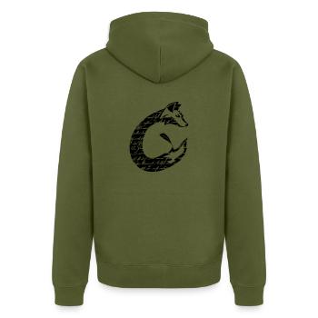 Fuchs Schrift C-Form Silhouette, schwarz - Unisex Premium Bio Zip Hoodie - Khaki - Hinten - Nico (187cm)