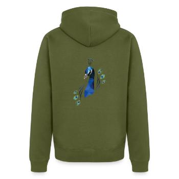 blauer Pfau - Unisex Premium Bio Zip Hoodie - Khaki - Hinten - Nico (187cm)