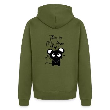 Ratte, das ist mein Jahr - Unisex Premium Bio Zip Hoodie - Khaki - Hinten - Nico (187cm)