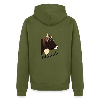 Impression de vache, illustration de vaches, cloche, cornes - Veste à capuche bio Premium Unisexe - kaki - Dos - Nico (187cm)