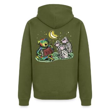 Hütehund mit Akkordeon im Mondlicht - Unisex Premium Bio Zip Hoodie - Khaki - Hinten - Nico (187cm)