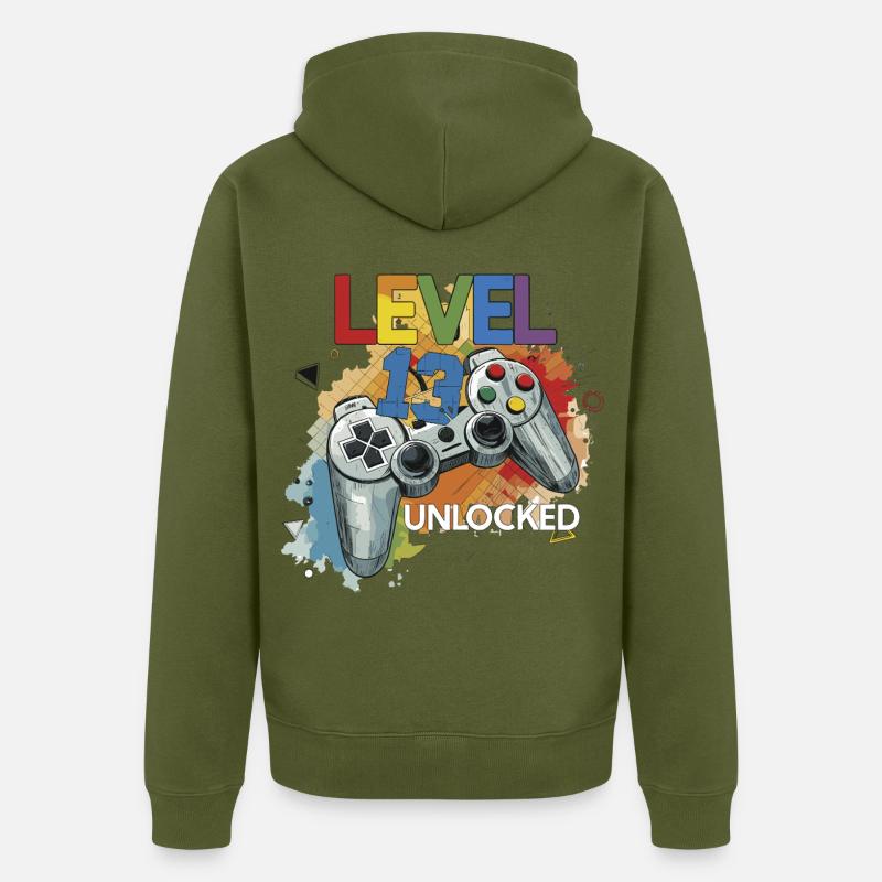 Niveau 13 Débloqué Controller Graffiti Naissance - Veste à capuche bio Premium Unisexe - kaki