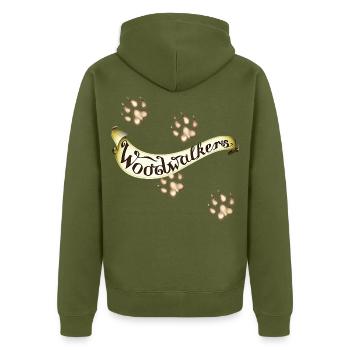 Woodwalkers Geschwungener Schriftzug Mit Pfoten - Unisex Premium Bio Zip Hoodie - Khaki - Hinten - Nico (187cm)
