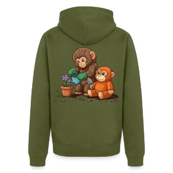 the monkey punch - Monkey Gardening - Unisex Premium Organic Zip Hoodie - khaki - Back - Nico (187cm)
