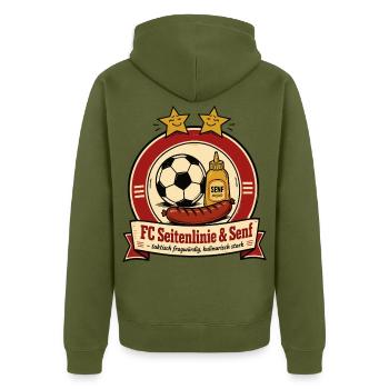 FC Seitenlinie & Senf - Unisex Premium Bio Zip Hoodie - Khaki - Hinten - Nico (187cm)